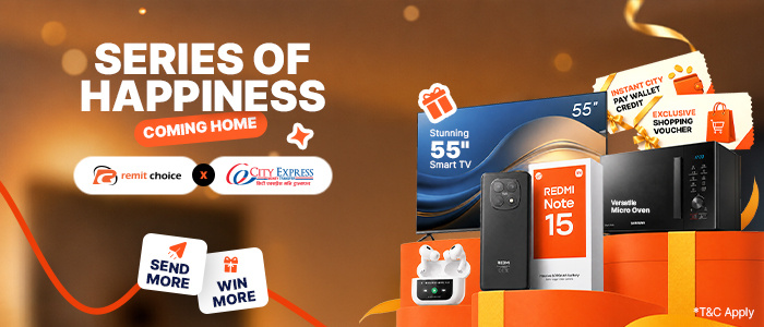 Series of Happiness Nepal campaign banner featuring Redmi Note 15, 55-inch Smart TV, wireless earbuds, microwave oven, shopping vouchers, and City Express partnership.